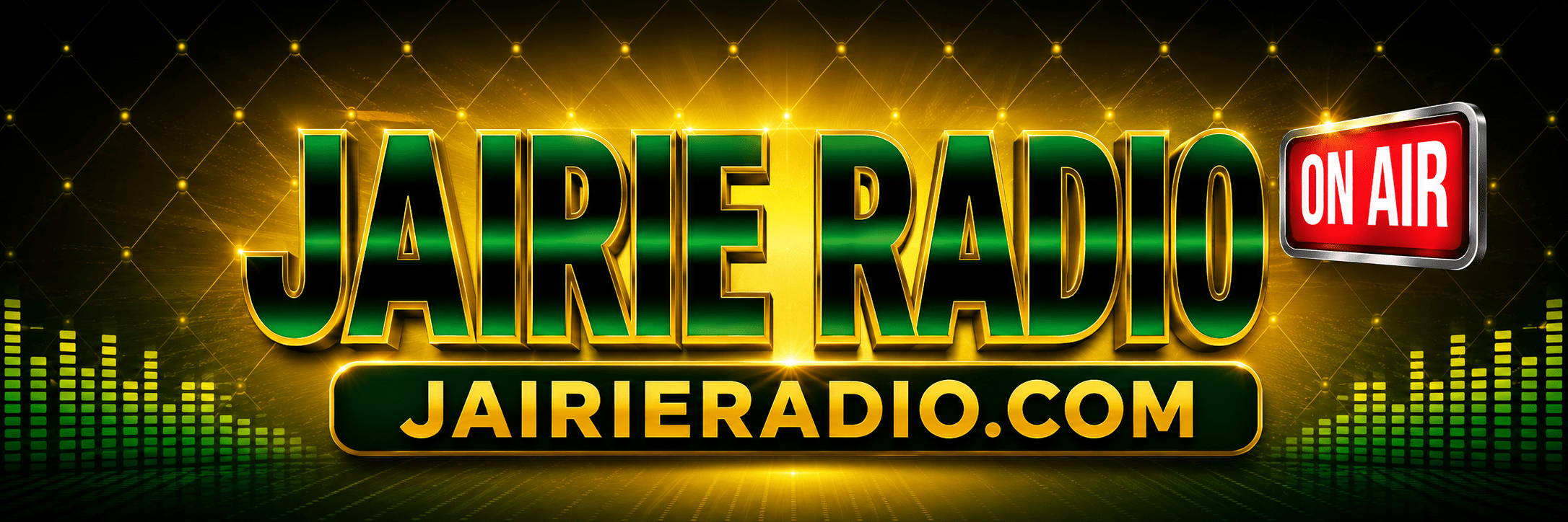 Brand banner for Jairie Radio with green and gold 3D text, showing 'JAIRIERADIO' and 'JAIRIERADIO.COM' with an 'ON AIR' sign on the right.